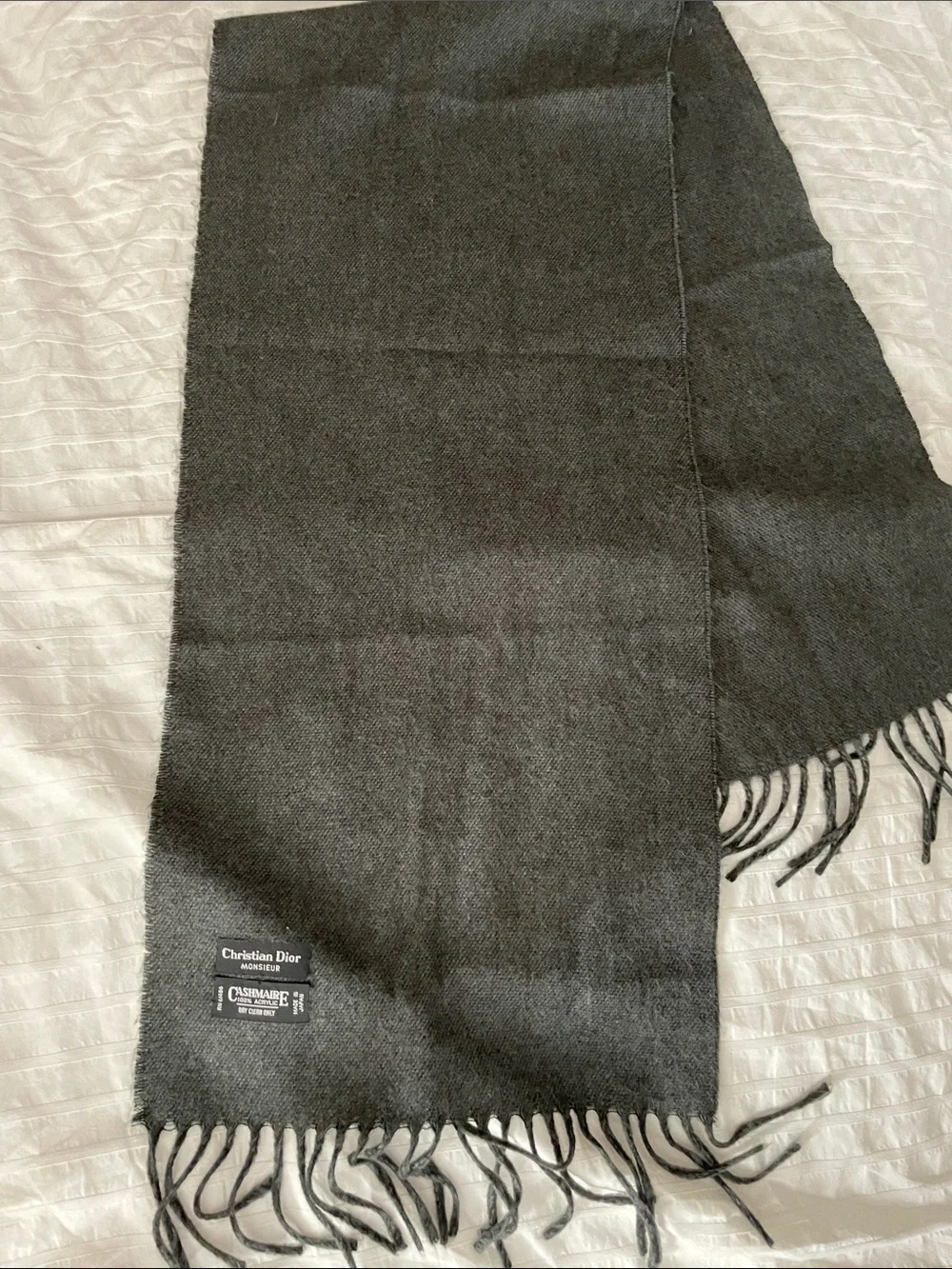 Christian Dior Monsieur Dark Charcoal Gray Cashmaire Vintage Scarf with Fringe